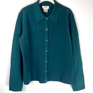 Talbots Cardigan Sweater L Green Merino Wool Faux Suede Panels Buttons Vintage